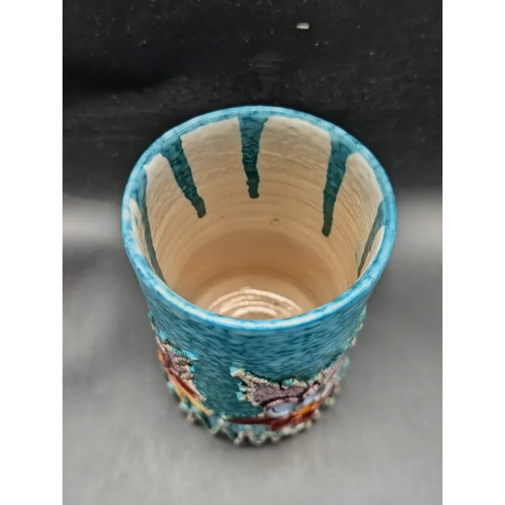 Fratelli Fanciullacci Italian Art Pottery Vase Turquoise Floral Relief 1740/W45